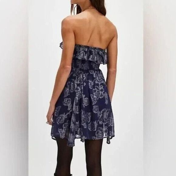 Free People OB2175796 Women Sz XS Navy Metallic Ruffle Gardenia Mini Dress - Picture 13 of 13